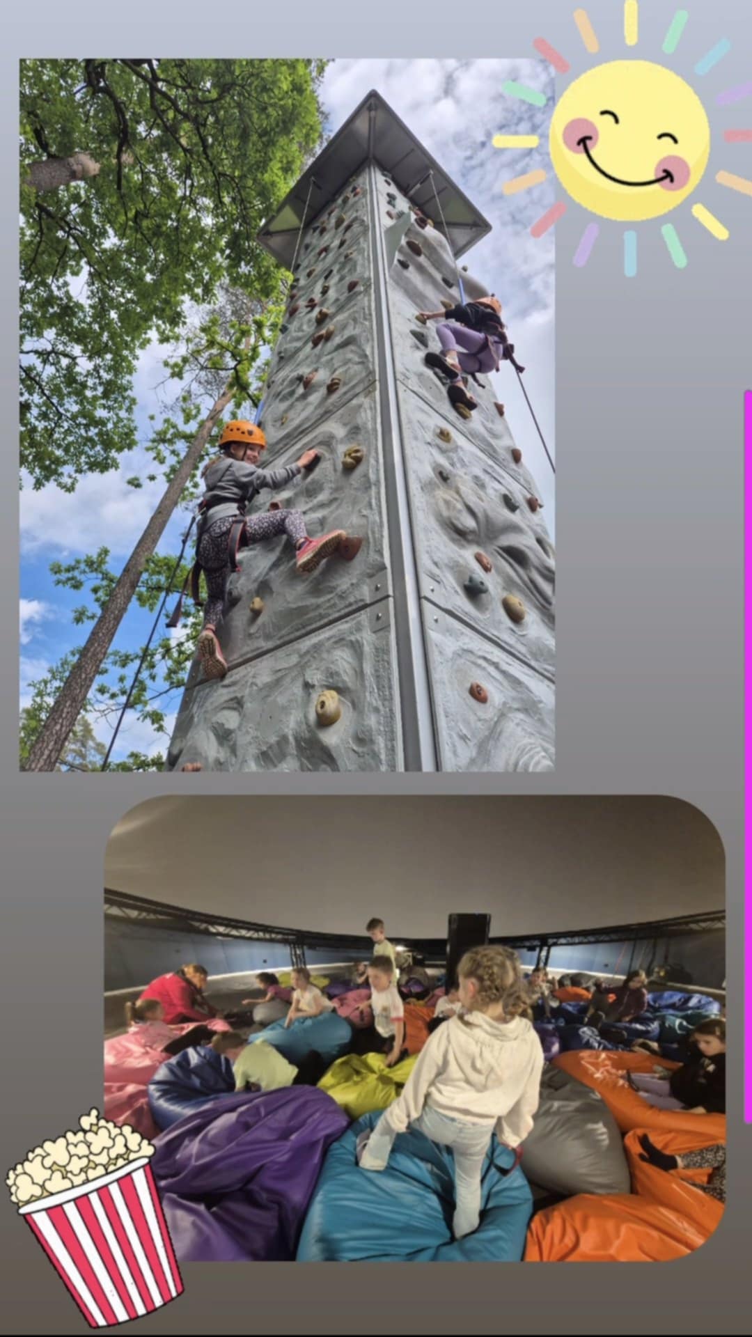 Zdjęcie jest kolażem dwóch zdjęć. Na jednym widać dwoje dzieci wspinających się na ściance wspinaczkowej. Drugie zdjęcie przedstawia dzieci w kinie siedzące na kolorowych poduchach,