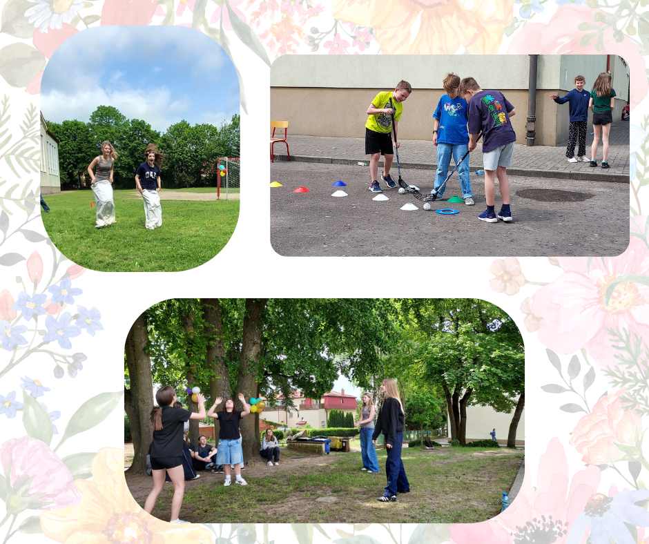 zdjęcie do kolaż trzech fotografii umieszczonych na jasnym tle na którym znajdują się polne kwiaty. Pierwsze zdjęcie przedstawia dwie dziewczyny które skaczą w workach. Obie dziewczyny mają rozwiane włosy i uśmiechnięte buzię. Jedna ma ciemną koszulkę na krótki rękaw druga jasną. W tyle widać bramkę do piłki nożnej drzewa budynek. Drugie zdjęcie przedstawia grupę młodzieży ciągnących linę trzecie zdjęcie przedstawia dziewczyny odbijające piłkę na tle drzew budynków i grupy siedzących na ziemi uczniów.