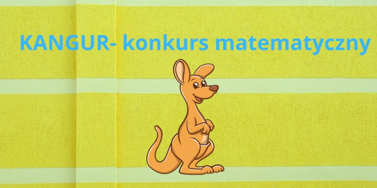 Zdjęcie przedstawia grafike kangura na żółtym tke. Nad kreskówką jest napis w kolorze niebieskim Kangur- konkurs matematyczny
