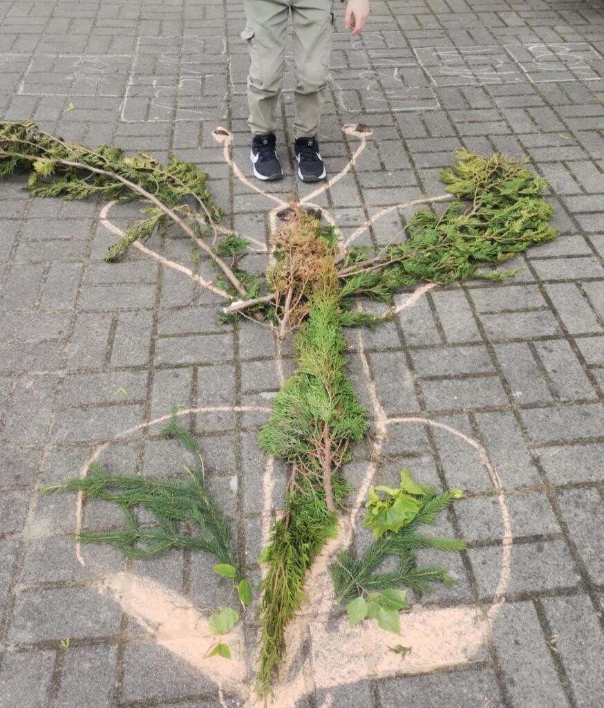 Na zdjęciu widzimy dziecko stojące na chodniku, które patrzy w dół na stworzoną na ziemi sylwetkę motyla. Sylwetka ta została narysowana kredą i uzupełniona naturalnymi materiałami: gałązkami iglaków, liśćmi i trawą. Dziecko (widoczne od pasa w dół) ma na sobie szare spodnie typu bojówki, czarne buty sportowe i szarą bluzę z niebieską kamizelką.