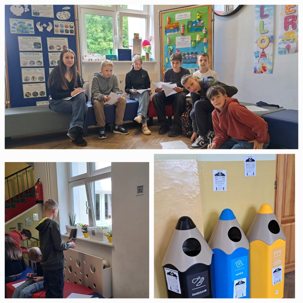Na zdjęciach widzimy uczniów zaangażowanych w działania edukacyjne związane z ekologią. W górnej części zdjęcia grupa uczniów siedzi we wspólnej przestrzeni szkolnej, trzymając kartki i długopisy, co sugeruje, że pracują nad zadaniami związanymi z ochroną środowiska. W tle widoczne są kolorowe gazetki ścienne z ekologicznymi hasłami oraz prace plastyczne. Na dolnym lewym zdjęciu kilku uczniów w skupieniu odczytuje informacje ze ścian i notuje coś na kartkach. W prawym dolnym rogu pokazane są trzy pojemniki do segregacji odpadów, oznaczone symbolami: zmieszane, papier i plastik/metale, co wskazuje na propagowanie zasad segregacji śmieci w szkole. Cała scena pokazuje, że uczniowie uczą się odpowiedzialności ekologicznej w praktyce i są zaangażowani w działania proekologiczne.