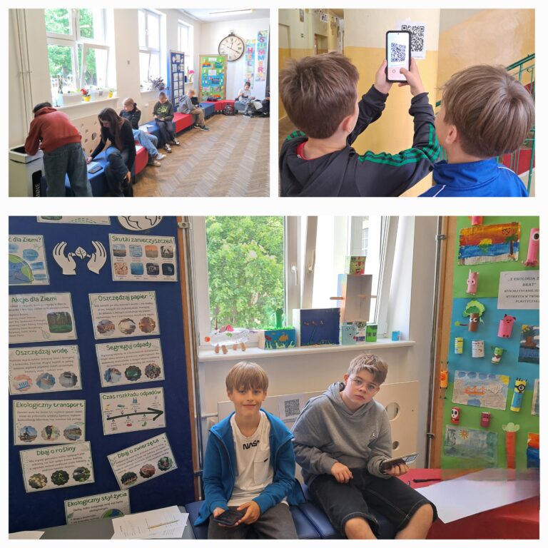 Na zdjęciu widzimy trzy ujęcia ze szkolnej akcji edukacyjnej dotyczącej ekologii. W lewym górnym rogu uczniowie siedzą na ławkach i intensywnie pracują, prawdopodobnie rozwiązując zadania lub wykonując notatki związane z tematem. W prawym górnym rogu dwóch chłopców skanuje telefonem kod QR przyklejony na ścianie, co sugeruje wykorzystanie nowoczesnych technologii w nauce. W dolnej części zdjęcia dwóch chłopców siedzi przed tablicą edukacyjną o ekologii, na której znajdują się informacje o oszczędzaniu wody, segregacji odpadów i dbaniu o rośliny. W tle widać także prace plastyczne wykonane przez uczniów, które przedstawiają ekologiczne tematy i recyklingowe postacie. Całość tworzy obraz aktywnej, nowoczesnej i praktycznej nauki o ochronie środowiska w szkole.