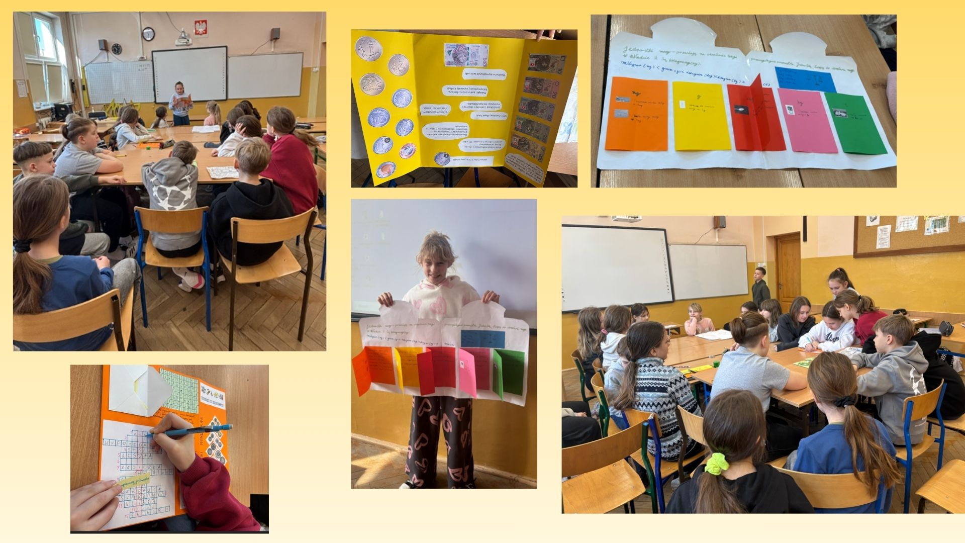 Zdjęcie przedstawia wybrane prace lapbooki jednostki, widać uczniów w klasie prezentujących swoje prace, dwie dziewczyny prezentują – pojedynczo – przed klasą