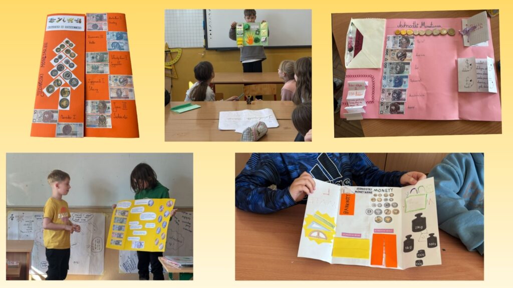 Zdjęcie przedstawia wybrane prace lapbooki jednostki, widać uczniów w klasie prezentujących swoje prace, trzech chłopców prezentują przed klasą