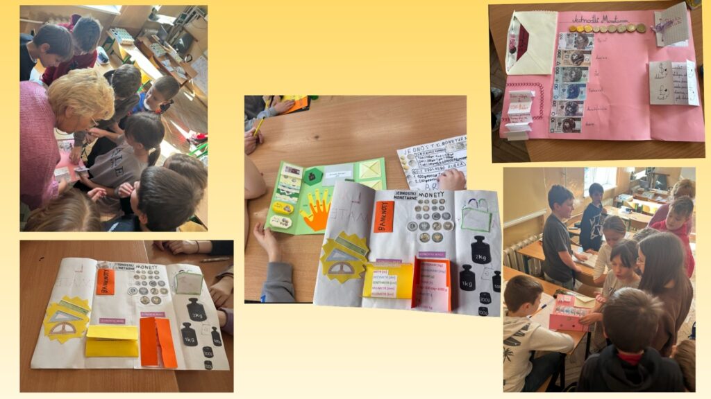 Zdjęcie przedstawia wybrane prace lapbooki jednostki, widać uczniów w klasie prezentujących swoje prace lub realizujące zadania z lapbooków