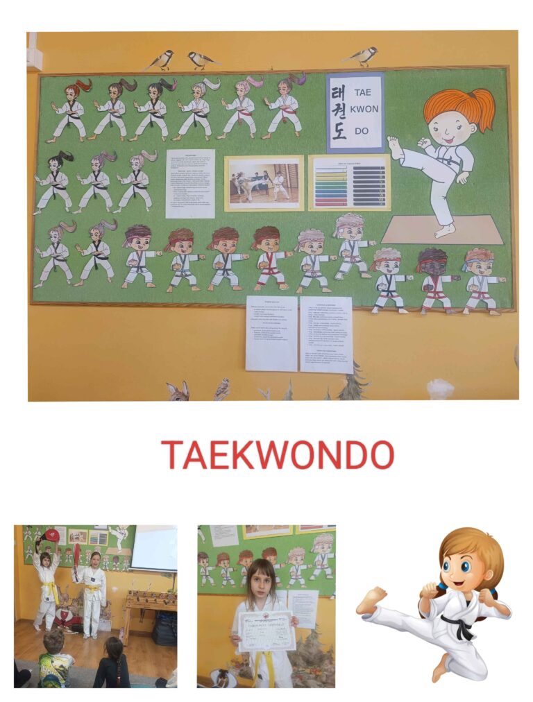 Plakat o tematyce taekwondo w świetlicy szkolnej. Na górze znajduje się zielona tablica ozdobiona ilustracjami dzieci wykonujących różne pozycje i kopnięcia taekwondo, a także napisem „TAE KWON DO” oraz grafiką dziewczynki wykonującej wysoki kopniak. Poniżej widnieje duży czerwony napis „TAEKWONDO”. Na dole znajdują się dwa zdjęcia: po lewej dzieci w strojach do taekwondo prezentują ćwiczenia przed grupą, a po prawej dziewczynka w takim stroju trzyma dyplom. Obok widoczna jest rysunkowa postać dziecka wykonującego kopnięcie.