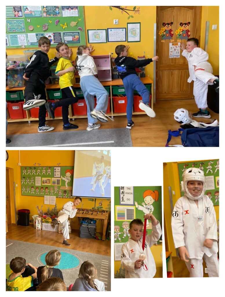 Kolaż zdjęć ze świetlicy szkolnej, w której dzieci uczestniczą w pokazie sztuk walki. Na górnym zdjęciu pięcioro dzieci stoi przy ścianie i próbuje naśladować wysokie kopnięcia kolegi ubranego w biały strój do taekwondo; obok na podłodze leży jego kask i torba sportowa. W lewym dolnym rogu widać chłopca w stroju do taekwondo prezentującego kopnięcie przed siedzącymi na dywanie dziećmi, a za nim wyświetlany jest film instruktażowy. Na środku na dole chłopiec trzyma medal zawieszony na czerwonej wstążce, a po prawej pozuje w kasku ochronnym, uśmiechając się do zdjęcia.