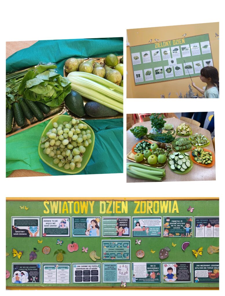Na zdjęciu widoczne są zielone owoce i warzywa ułożone na tacach na zielonym tle. Częściowo obrócone zdjęcie przedstawia dziewczynkę o długich, falowanych włosach; widoczny fragment twarzy i torsu. Dziewczynka wskazuje na tablicę zawierająca napis ZIELONY DZIEŃ z ilustracjami zielonych warzyw i owoców. Na dole znajduje się zielony baner z napisem „ŚWIATOWY DZIEŃ ZDROWIA”.