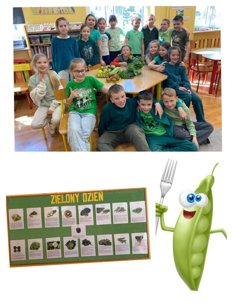 Zdjęcie przedstawia grupę dzieci w klasie szkolnej, pozujących razem wokół stołu pełnego zielonych owoców i warzyw, takich jak winogrona, kiwi i zioła. Większość dzieci ma na sobie ubrania w odcieniach zieleni, co sugeruje tematyczne wydarzenie. Sala jest jasna i kolorowa, z półkami na książki i materiałami edukacyjnymi w tle. Poniżej widoczna jest tablica z napisem „Zielony dzień”, na której znajdują się informacje i ilustracje różnych zielonych warzyw i owoców. Obok tablicy znajduje się rysunkowa, uśmiechnięta postać zielonego strąka grochu trzymającego widelec, co dodaje całości zabawnego, edukacyjnego charakteru.